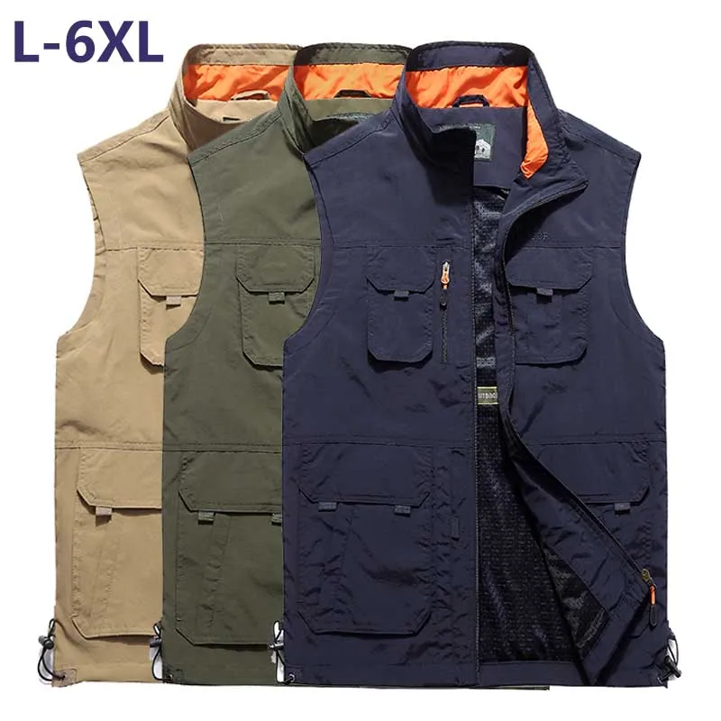 

Autumn Summer Mesh Vest with Many Pocket Men Casual Vest Stand Collar Waistcoat OUTWEAR Sleeveless Jacket Male Clothes Plus Size