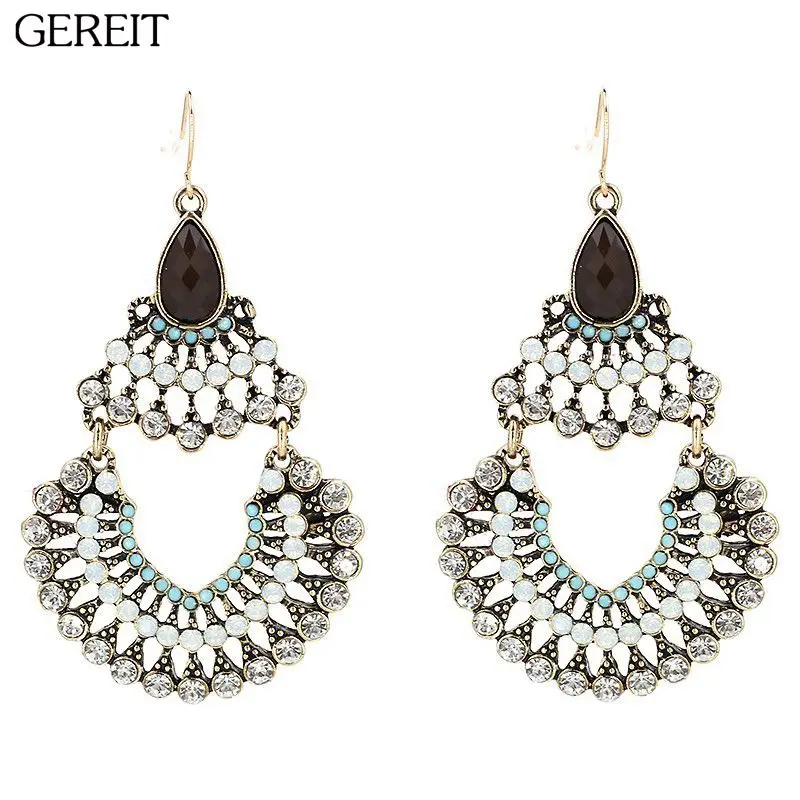 2018 New Vintage Opal Stone Drop Earrings Ethnic Crystal Rhinestone For Women Statement Big Charm Jewelry | Украшения и