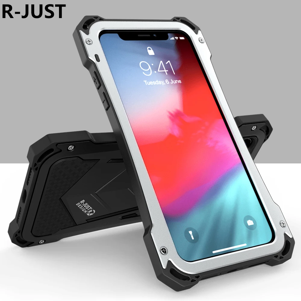 

R-just For iPhone XS Max Cover Case Luxury Hard Aluminum Alloy TPU Silicone Shockproof Armor Phone Case for iPhone XR Back Case