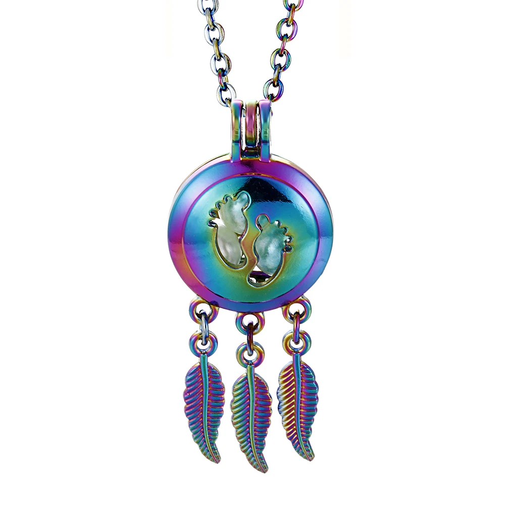 

1PC Rainbow Color Footprints Wish Dream Catcher Pearl Cage Essential Oil Diffuser Aroma Necklace With Stainless Steel Chain