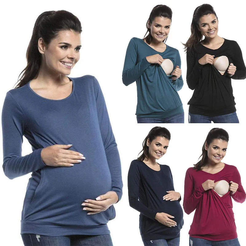 2018 г. однотонные Для женщин беременных кормящих футболка с длинным рукавом Одежда для беременных Одежда для кормления рубашка Размеры S-2XL