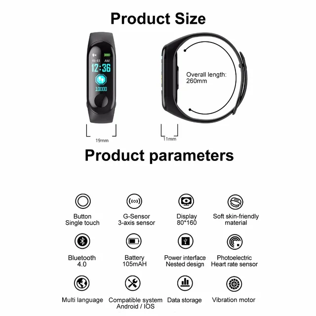 BANGWEI Smart Band 0.96″ Color Screen Smart Bracelet dynamic Real-time Heart Rate Monitor Sport waterproof watch&Stopwatch+Box
