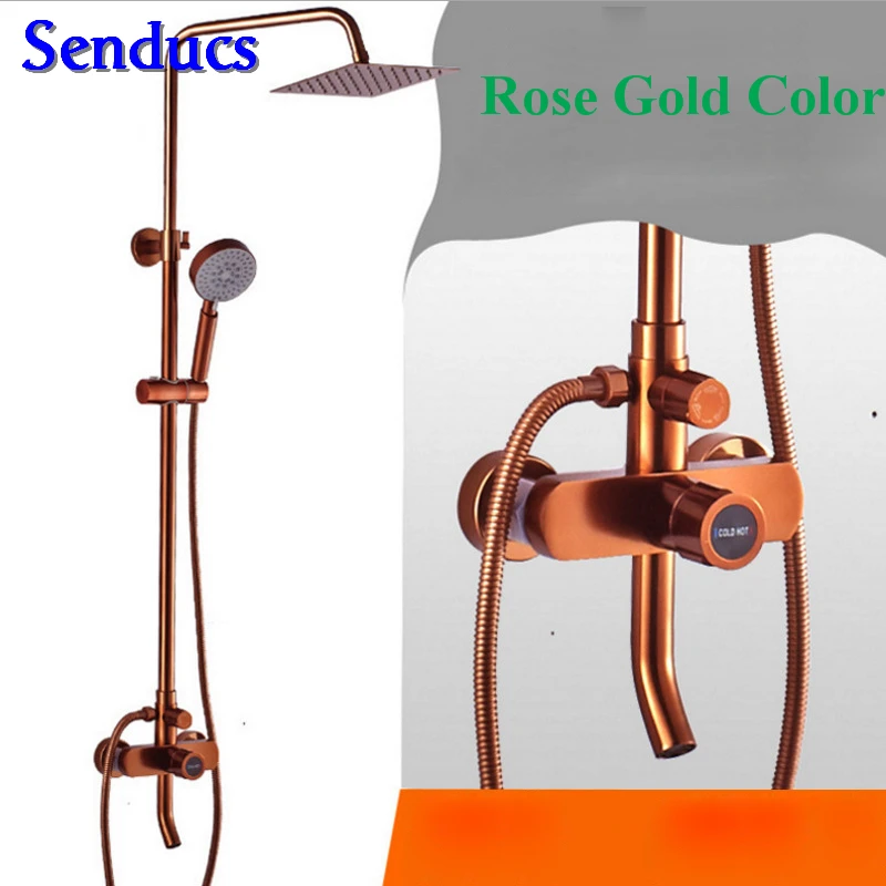 

Senducs Rose Gold Bathroom Shower Set Quality Space Aluminum Bathroom Shower Mixer Faucet Fashion Rainfall Bathroom Shwoer Set