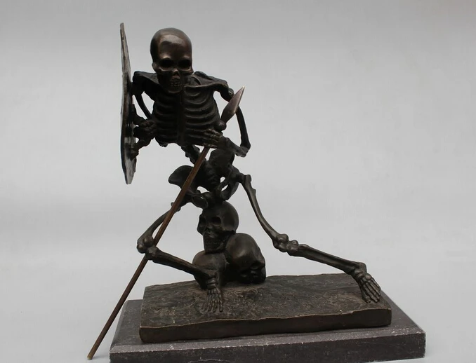 

free 12"Art Decor Pure Copper Bronze Marble Base Figurine Skull Warrior Statue Sculpt fast