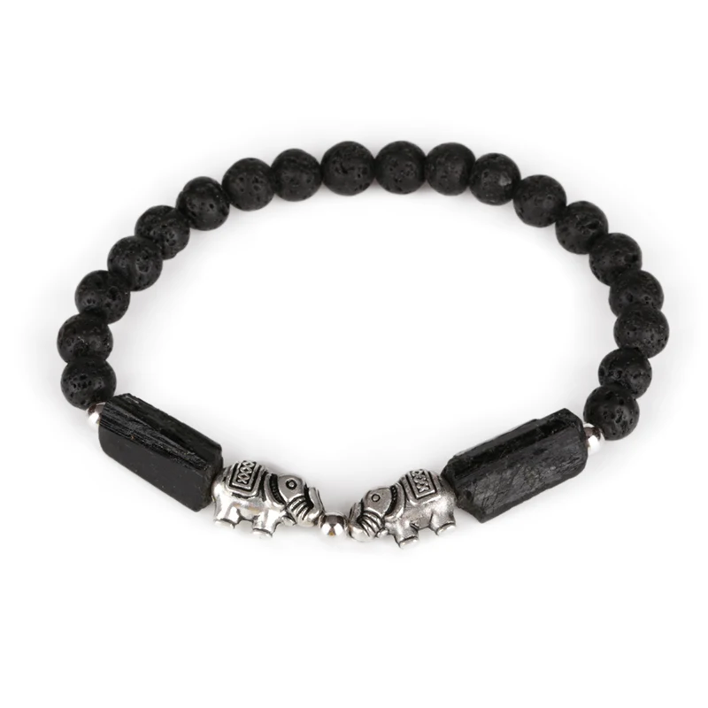 

Double Elephant Charm Natural Rough Black Tourmaline Healing Calm Stone Bead with 6mm Rock Lava Energy Bracelets For Man Women