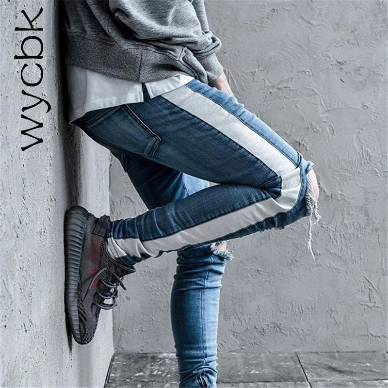 Wycbk мужские рваные джинсы с боковой полосой в стиле пэчворк, новинка, модные рваные джинсы, 2 цвета