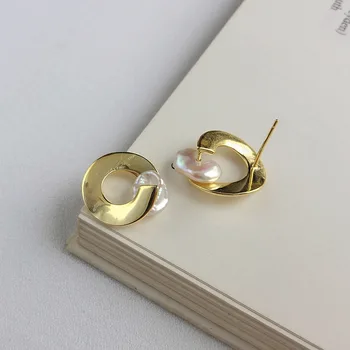 

100% Authentic 925 Sterling silver Gold dysmorphism Baroque Pearl &Oen Circle Geometric stud earrings FINE jEWELRY TLE589