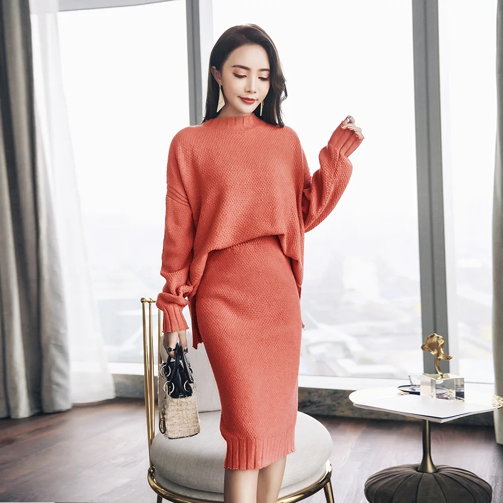 

High-quality Winter Woman Set Knitted Sweater Skirt Warm Solid Two Piece Set Woman Suit Cashmere Suit Skinny Knitted Tracksuit