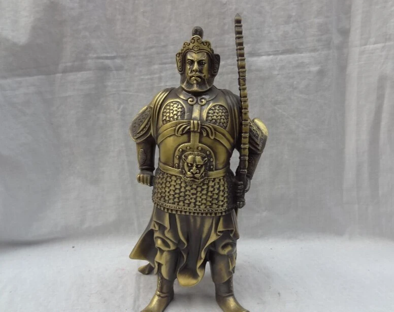 

S4530 12" Chinese Bronze Buddhist Joss Lion Head Warrior Protect Skanda King Statue D0318