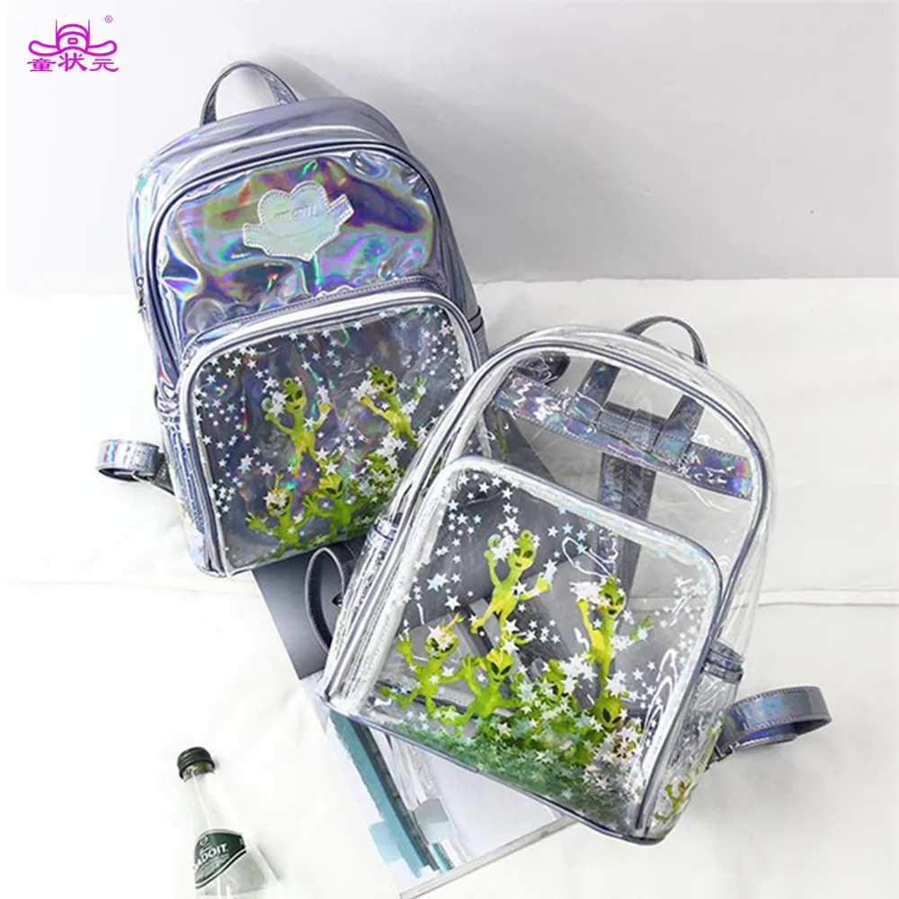 

TZY 2018 New Arrival Women Laser Backpack Students Ultra-Perspective Harajuku Alien Transparent Sequins Star Shoulder Bag