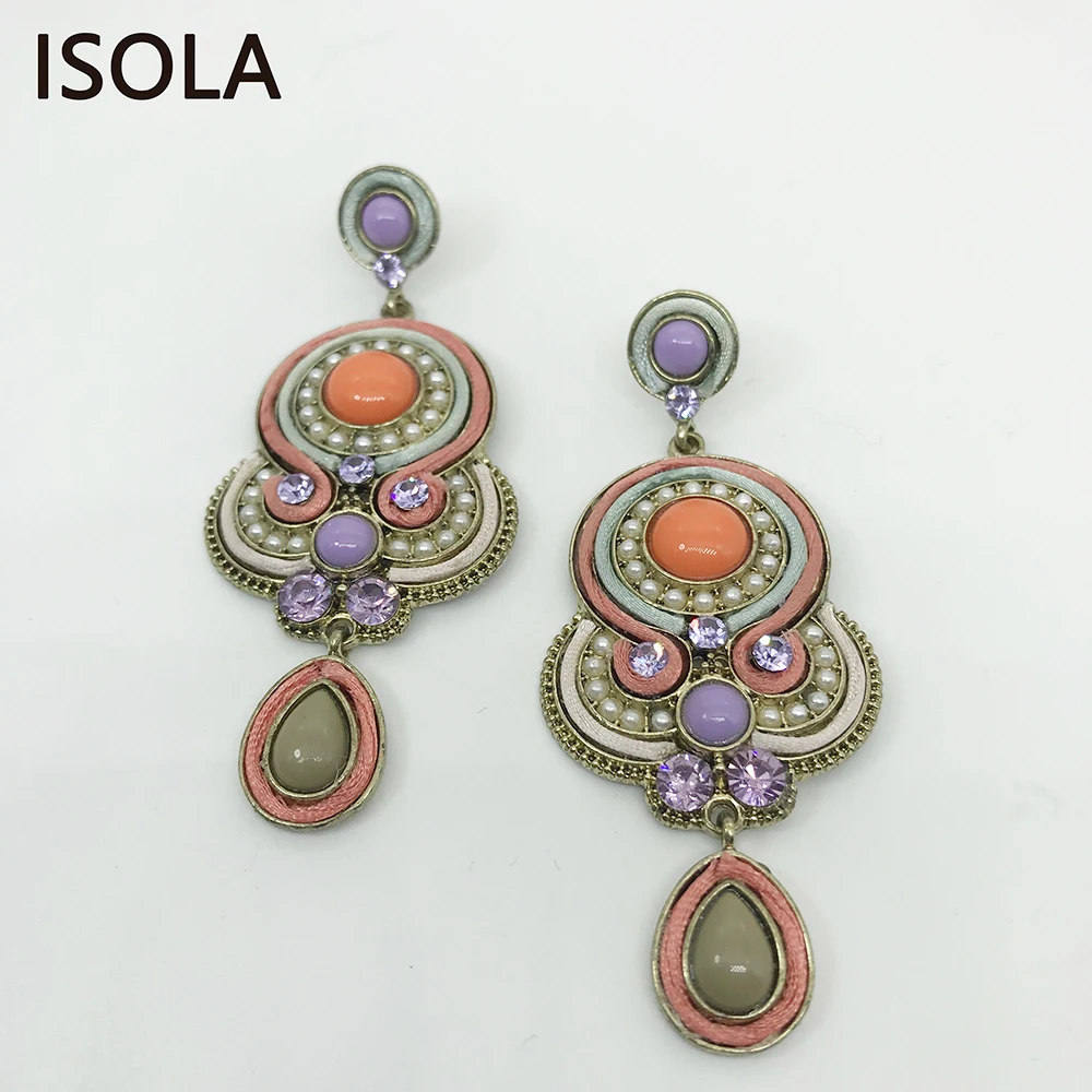 

ISOLA Vintage Resin Rhinestone Filled Water Drop Soutache Earring Ethnic Style Charming Boho Earrings For Traditional Festivals