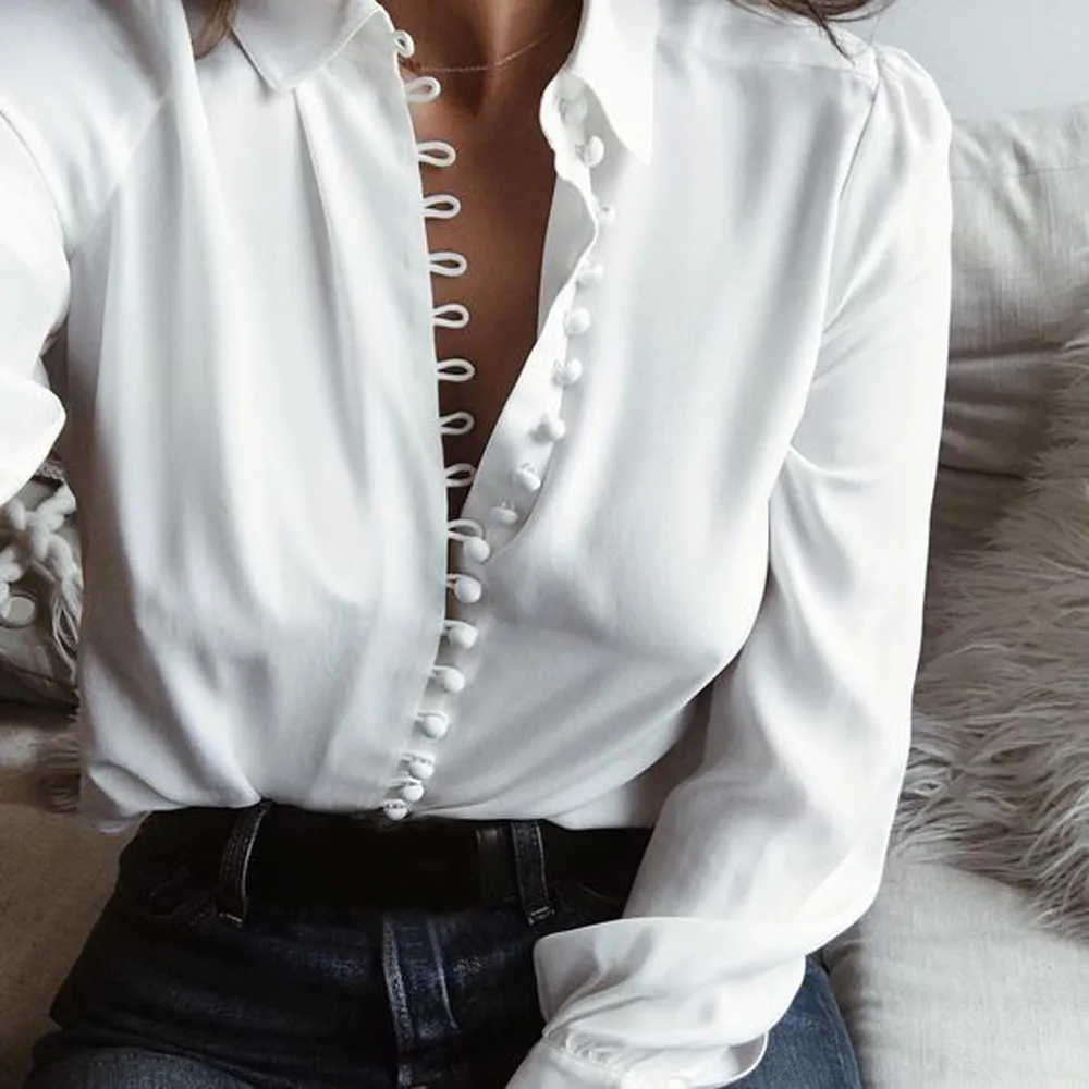 Женская модная повседневная однотонная блузка с v-образным вырезом и длинным рукавом, рубашка, блузка, рубашка, Женская Повседневная Блузка с отложным воротником, летние рубашки