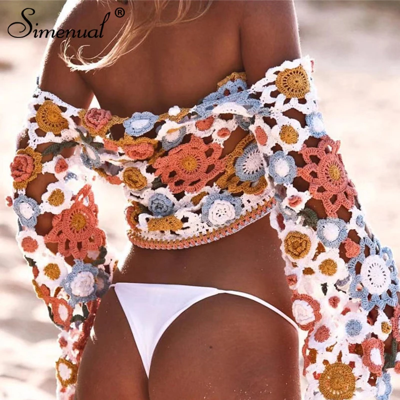 

Simenual Floral BOHO crochet beachwear women long sleeve crop top sexy lace up swimwear hollow up summer beach tops vintage new