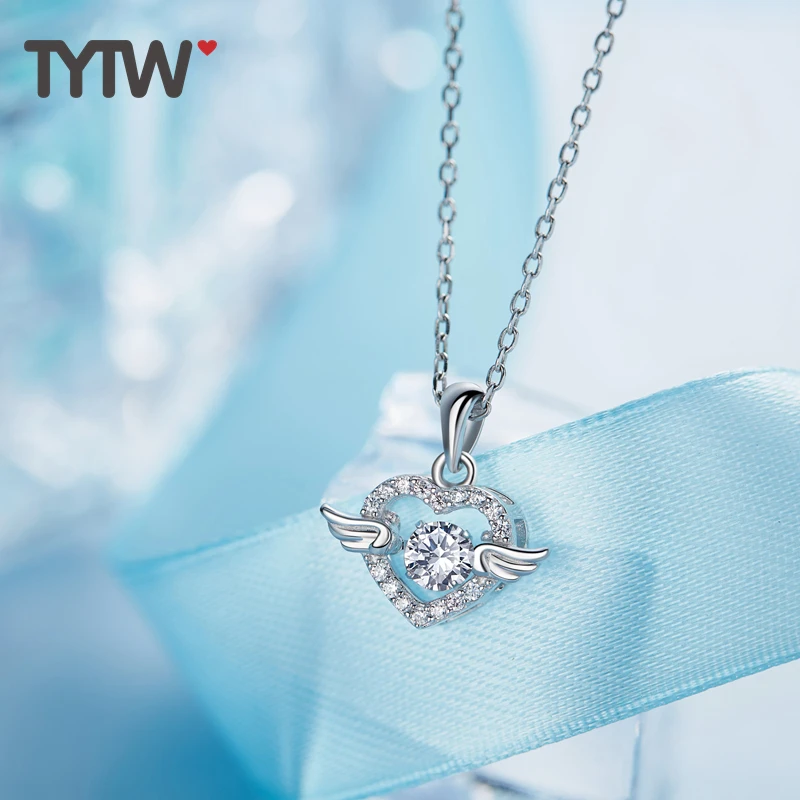 TYTW Chic Women Popular S925 Silver Necklace Angel Wing Heart Shape Love Crystal Ladies Pendant Necklaces AAA Zircon