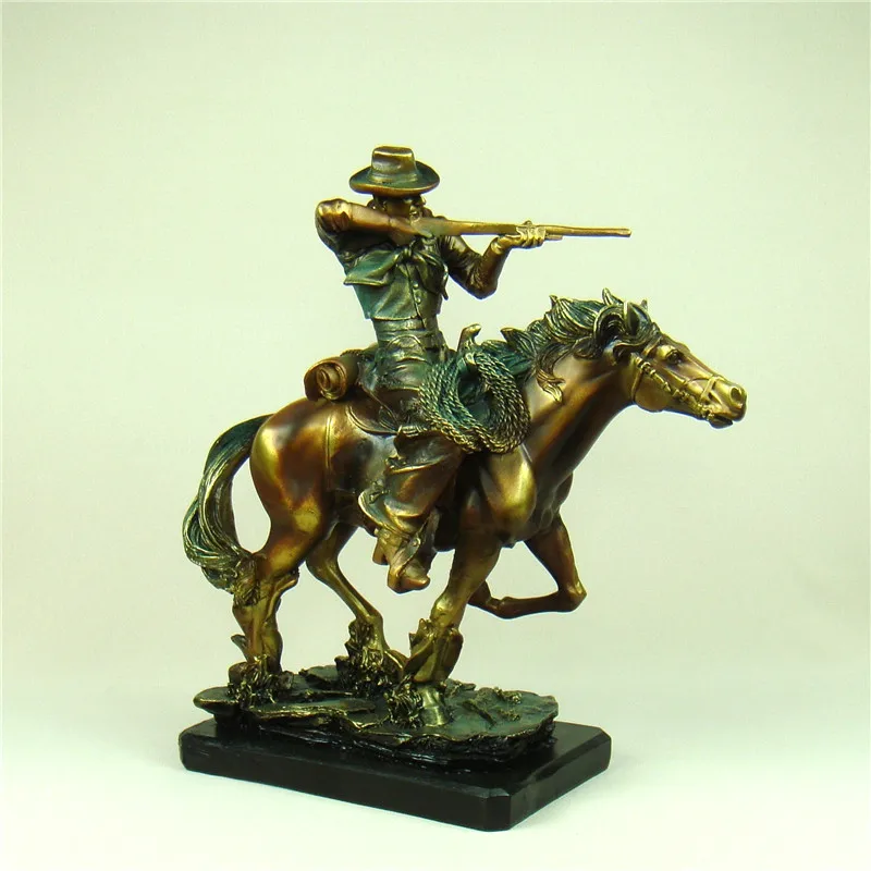 Retro American West Armed Cowboy Statue Handmade Resin Horse Riding Cop