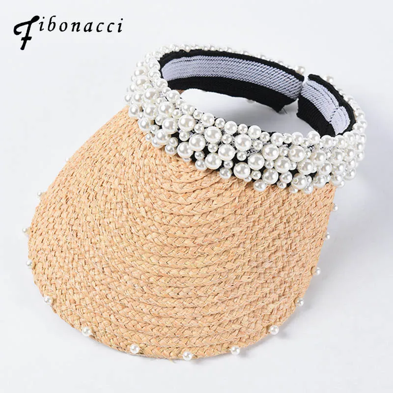 

Fibonacci 2019 New fashion pearl straw hat shade empty top women beach cap female summer sunscreen sun hat