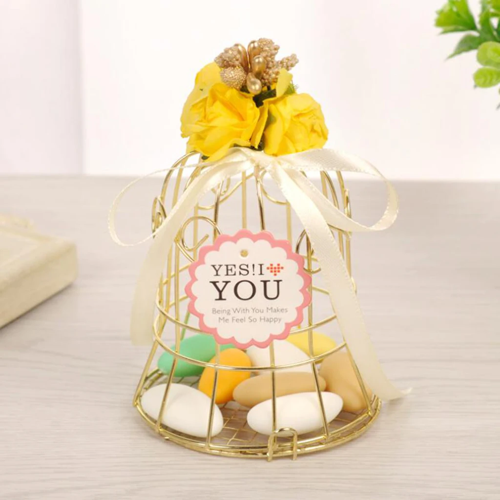 MagiDeal Gold Iron Bell Tin Bar Birdcage Metal Chocolate Candy Box Birthday Shower Party Favor Wedding Bomboniere with Ribbon