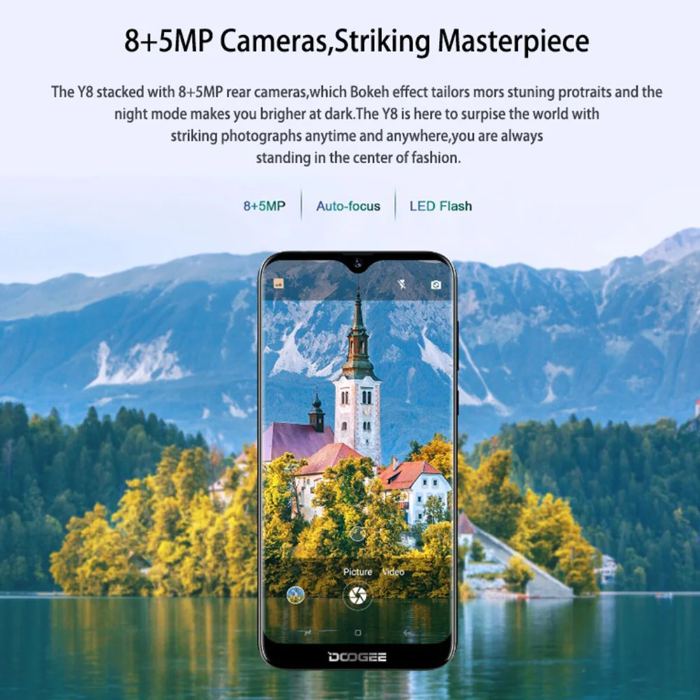 DOOGEE Y8 Android 9.0 MTK6739 Quad Core smartphone 6.1 inch FHD 19:9 8MP+8MP 3GB 16GB 3400mAh 4G LTE Mobile phone