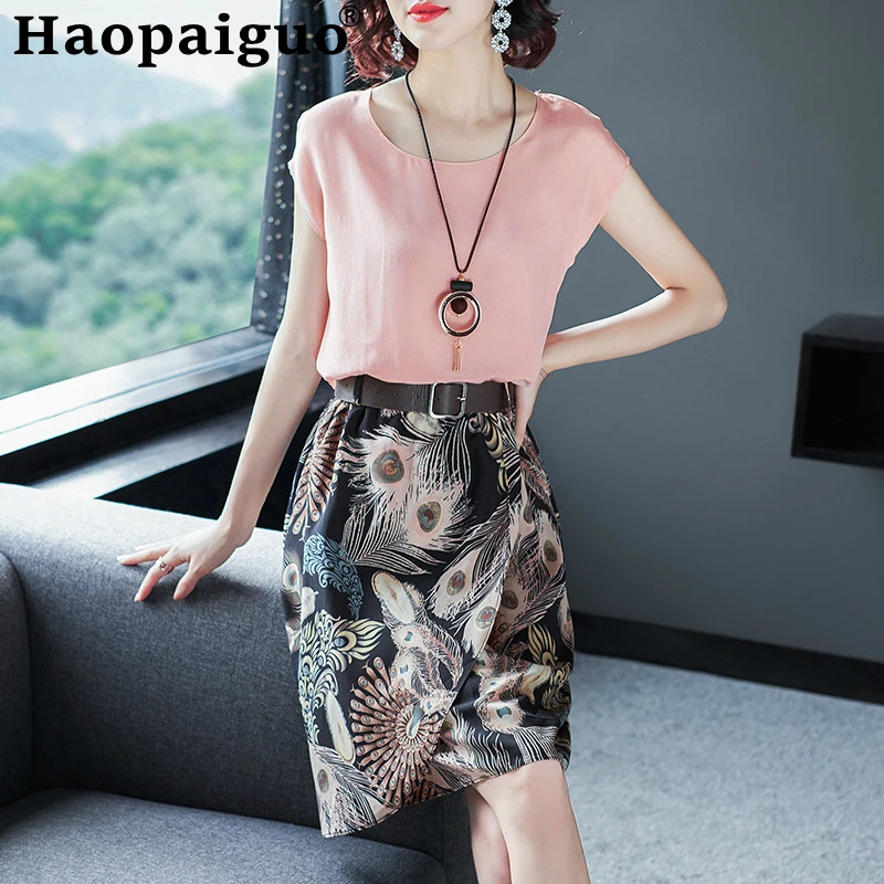 

Plus Size 2019 Summer Elegant Two Pieces Set Short Sleeve Silk Blouse and Print Peacock Wrap Dress Women's Casual 2 Pieces Set