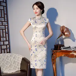 Национальный стиль дамы с цветочным принтом элегантный Qipao Лето район вечернее платье плюс размеры шоу на сцене китайский Cheongsam 3XL