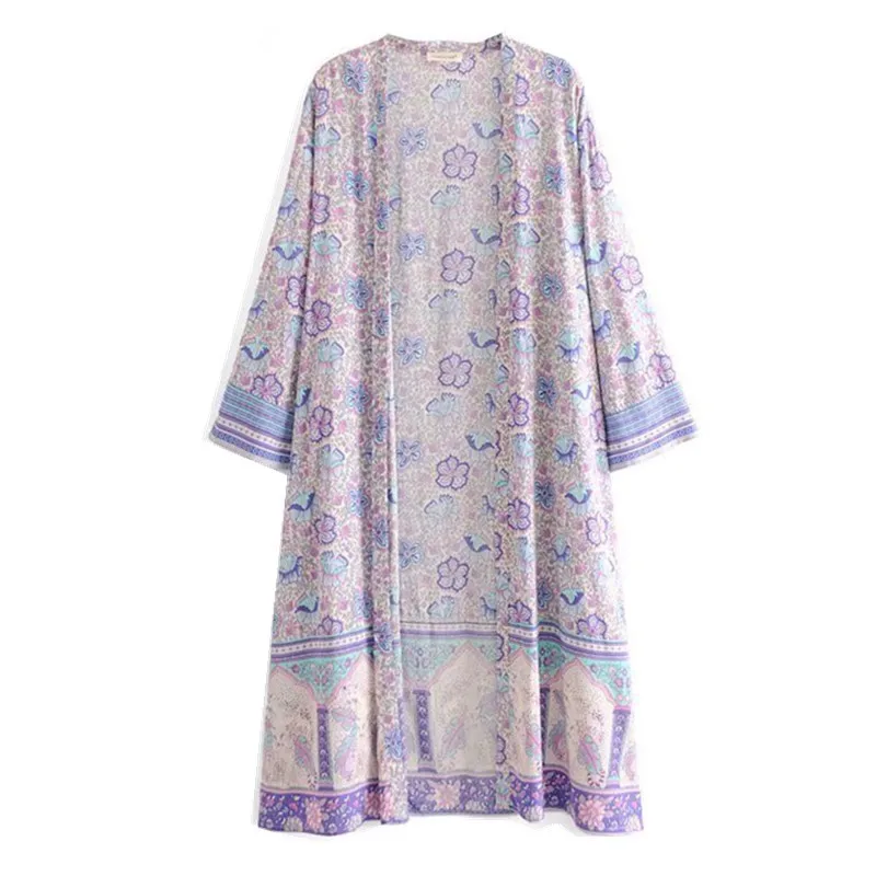 2019 Women Bohemian V neck Lavender Flower Print Kimono Shirt Black Holiday Beach Long sleeve Long Cardigan Blouse Tops