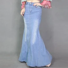 Весенне-летняя женская Повседневная Джинсовая юбка длиной до пола с оборками, женские расклешенные джинсы