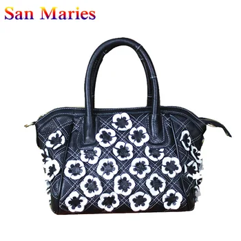 

San Maries New Fanshion Lady Flower Shoulder Bag Messenger Handbag Casual Cow Leather Stitching Tote Bags For Women 2019