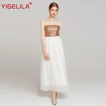 

YIGELILA Fashion Women Sequined Party Dress Summer O-neck Mesh Patchwork Half Sleeve Empire Slim Big Hem Maxi Long Dress 63886