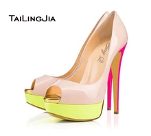 2016 süße Frauen Patchwork Lackleder Skyhigh Party Schuhe Bunte Absatz Abend Peep Toe Stiletto Plateau Pumps