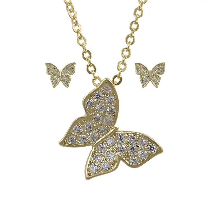 Высокое качество кубического циркония Бабочка CZ Циркон кулон ожерелье и серьги набор украшений для женщин в золотом или серебряном цвете покрытием