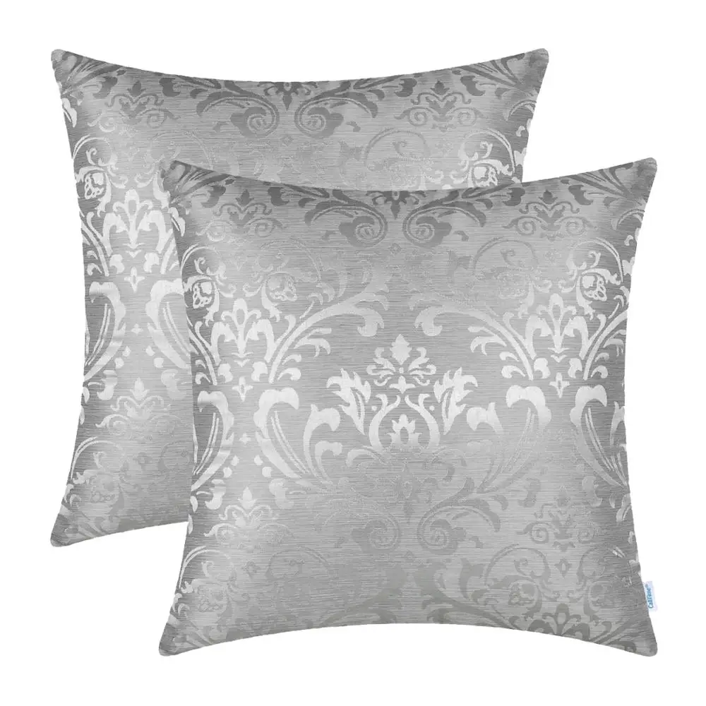 

CaliTime Pack of 2 Cushion Cover for Home Decoration Vintage Damask Floral Shining & Dull Contrast 18 X 18 Inches Silver Gray