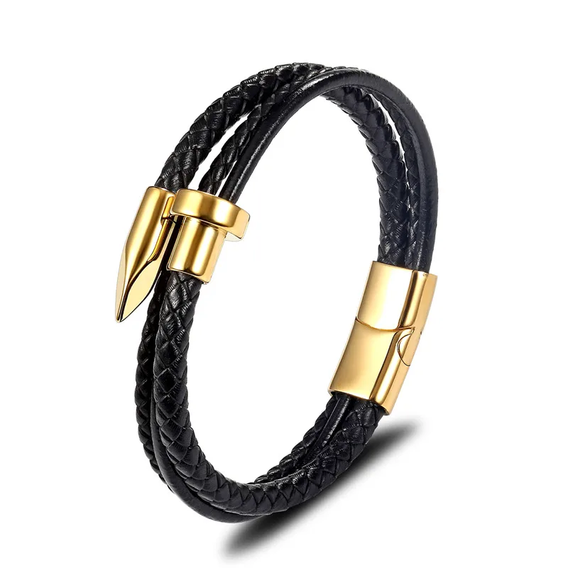 Бобо покрытие плетеные кожаные браслеты мужские из нержавеющей стали ногтей браслет Шарм для браслетов в романтическом стиле браслет модные ювелирные изделия для мужчин homme - Окраска металла: Gold double