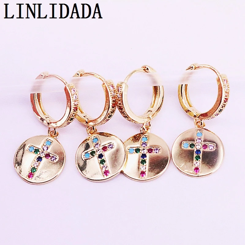 

8Pairs Gold color paved Zirconia round earring, rainbow cz cross dangle earrings