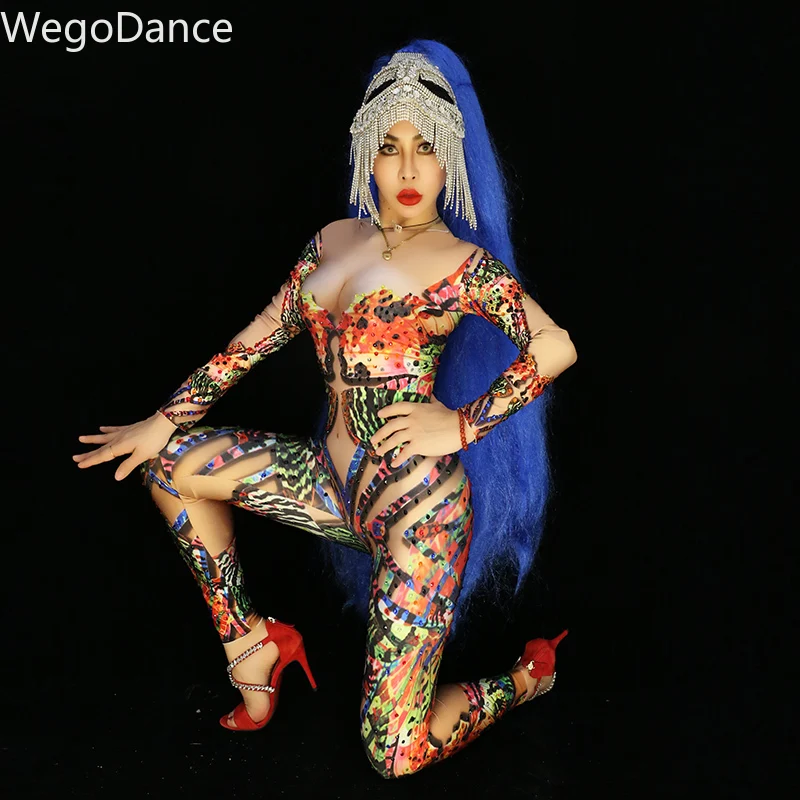 

Hot sale Multi-color Rhinestones Long Sleeve Spandex Jumpsuit Female Singer Dance Stage Wear Women Bodysuit romper bodysuit