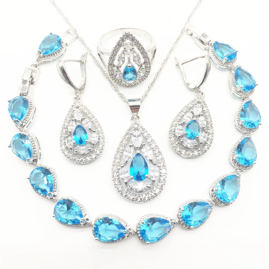 Sea-blue Zircon Costume Silver 925 Jewelry Sets Women Bracelets Earrings With Stones Pendant&ampNecklace/Rings Set Jewelery | Украшения и