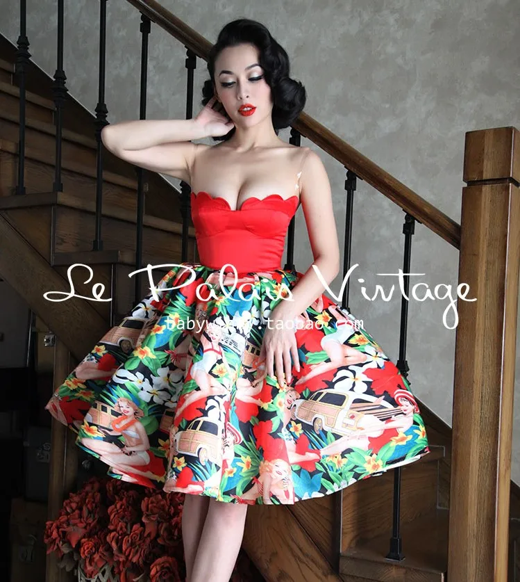 

Sweet PIN UP Contrast Color Large Flower Shell Bustiers Tutu Cartoon pattern print Dress Red Tube Top dresses Vintage lady sexy