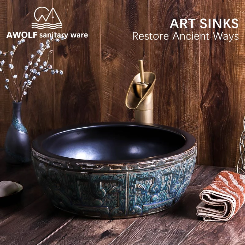 

Art Bathroom Sinks Relief Ceramic Vessel 41*41*15cm Washing Basin Bowl Lavatary Sink For Hotel Household Use Antique AM874