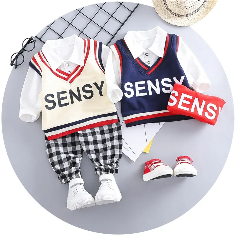 Комплект модной одежды из 3 предметов для маленьких мальчиков в школьном стиле, весна 2019 года, вязаный жилет, футболка + клетчатые штаны
