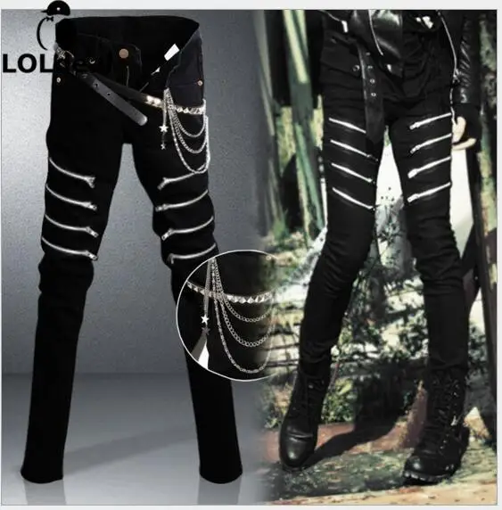 

New of the black Slim punk zipper washed jeans men's casual long trousers trousers tide /No decoration