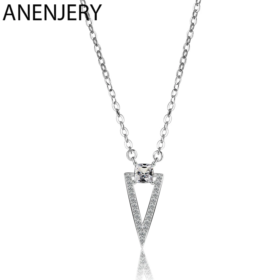 

ANENJERY Simple 925 Sterling Silver Geometric Triangle Zircon Necklaces For Women Chain Choker Short Necklace S-N427