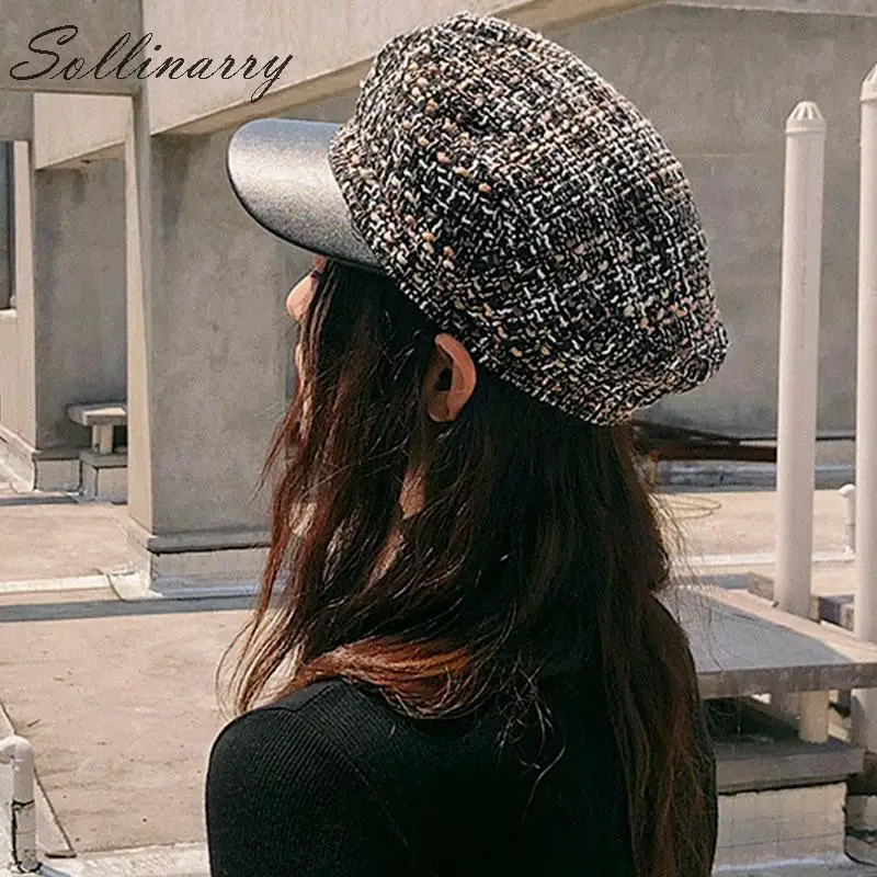

Sollinarry Streetwear Vintage Hats Women 2019 Tweed Autumn Casual Hat Female Visors Flat Cap Military Newsboy Winter hat 4 Color