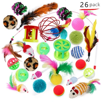 

26pcs/Set Cat Toys Set Cat Interactive Catcher Teaser Toy Teaser Wand & Plush Mouse & Fuzzy Ball & Feather Strip & Mylar Balls