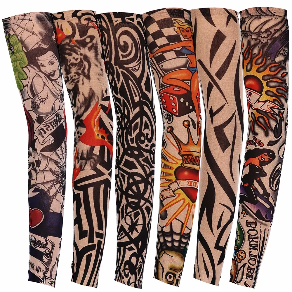 Men Temporary Tattoo Sleeves Seamless Fake Tattoo Arm Warmer Stockings Elastic Sun Protective