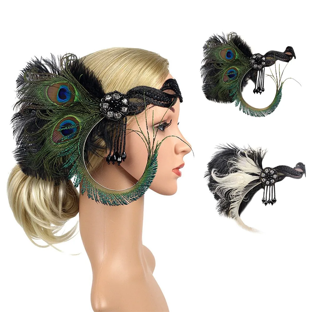 

KLV 2018 Vintage Adult Hair Accessory Roaring 20s Great Gatsby Party Headpiece 1920s Flapper Girl Peacock Feather Headband St3