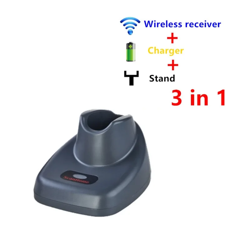 اللاسلكية الباركود ماسحة USB و RS232 ميناء 1D قارئ شفرة التّعرّف شريط ليزر رمز بندقية مع حامل شاحن لاسلكي استقبال 3 في 1