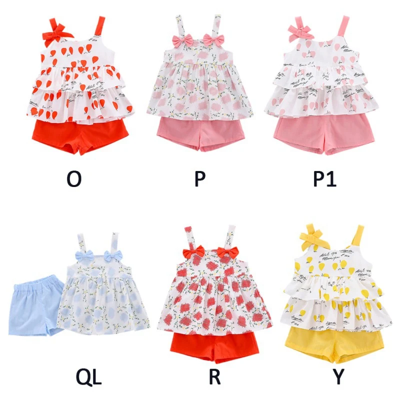 

Summer Baby 0-3Y Bow Clothing Set Baby Girls Casual Sleeveless Strap Tops Floral Print T-shirt+Shorts Suits Costume Set