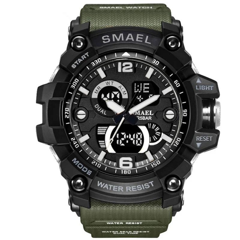 Роскошные Брендовые мужские спортивные часы SMAEL Аналоговый светодиодный цифровой водонепроницаемый Повседневный модный мужской военный кварцевые часы Relogio Masculino - Цвет: Armg Green