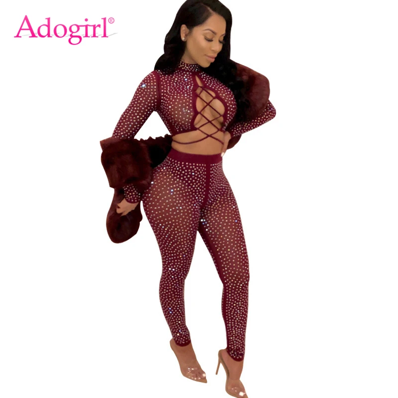 

Adogirl Diamonds Sheer Mesh Women Sexy Two Piece Set Mock Neck Long Sleeve Lace Up Crop Top + Pencil Pants Club Party Suits