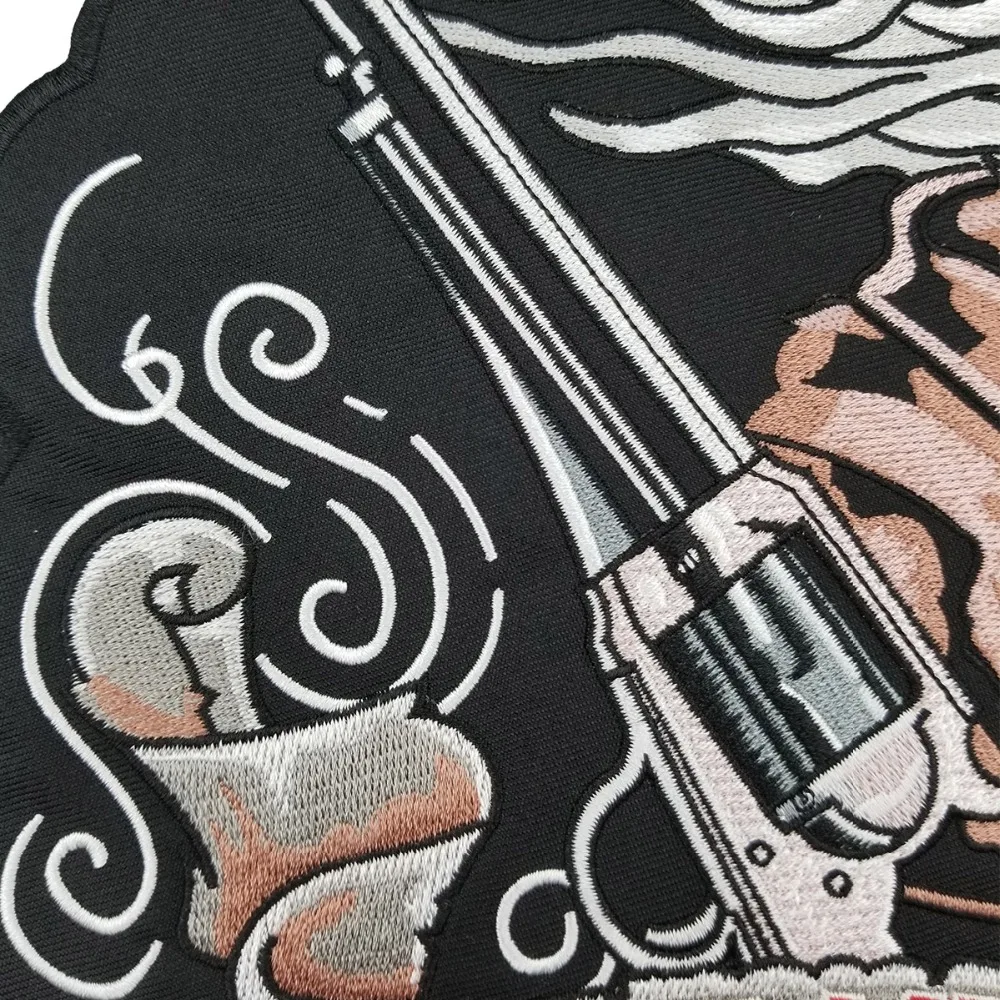 T170507 (2)Machine Embroidery Designs Custom Dead Man's Hand Cowboy & Guns Patch Large Back Sew On Patches For Clothes