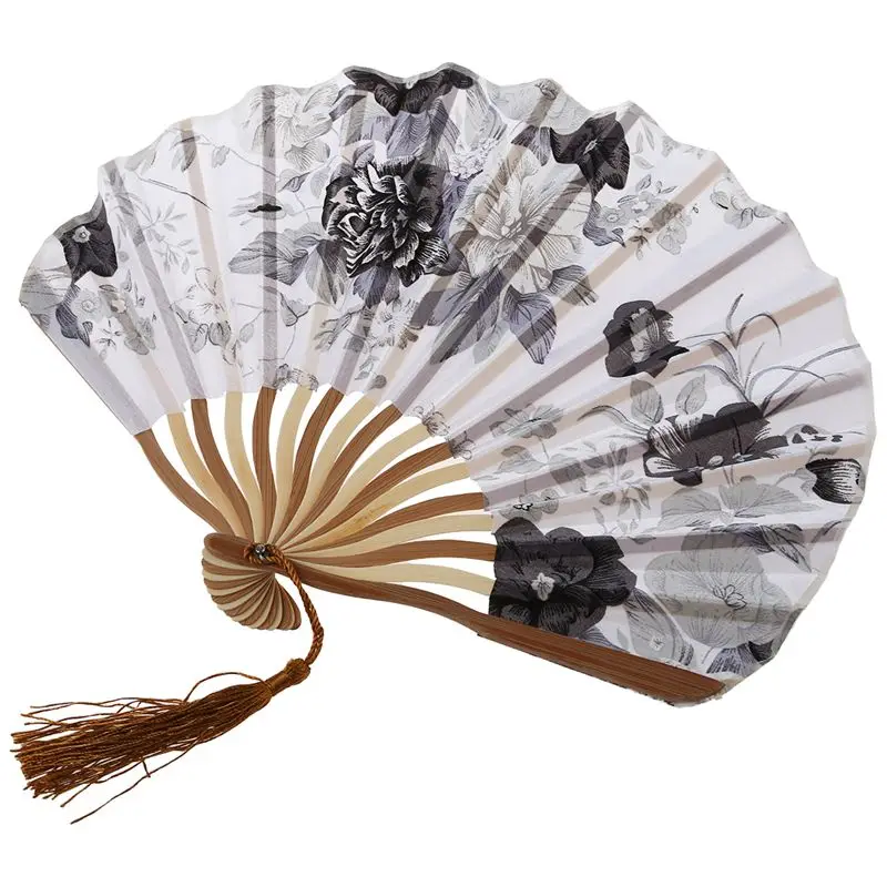 Китайский серый пион ткань бамбука складной танцы ручной вентилятор белый